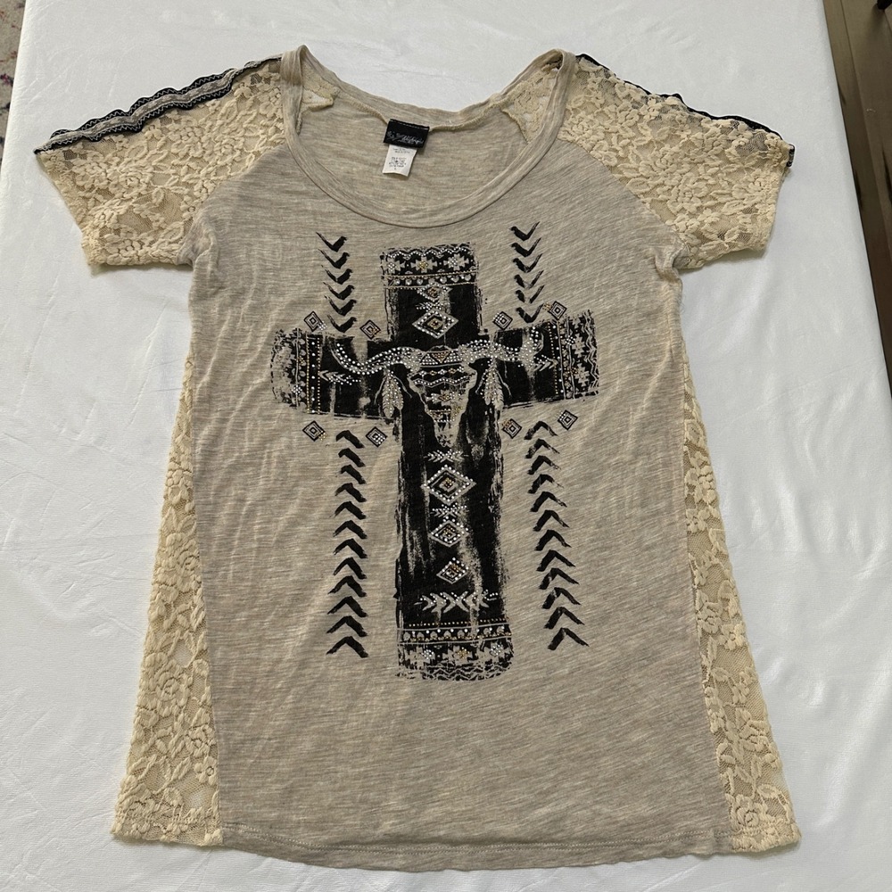 VTG Y2K Daytrip Graphic Tee Lace Women L Western Steer Skull Rhinestone Festival - Picture 9 of 10